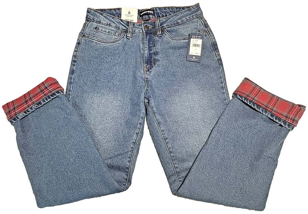 New Lands’ End Womens 6 Tartan Flannel Lined Denim Straight Leg Warm Mom Jeans